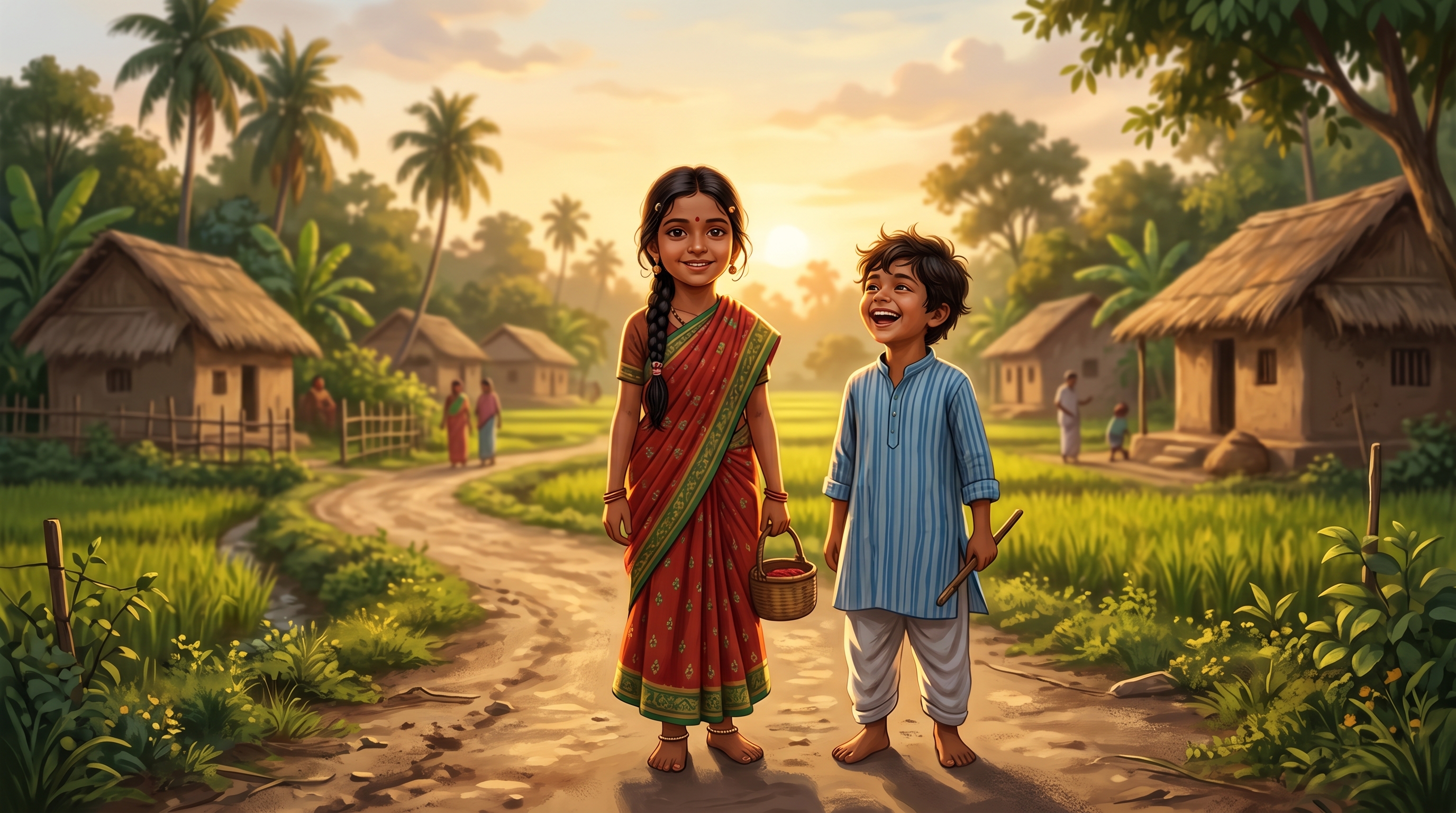 Mina and Raju in a sunset village — semi-realistic hero scene