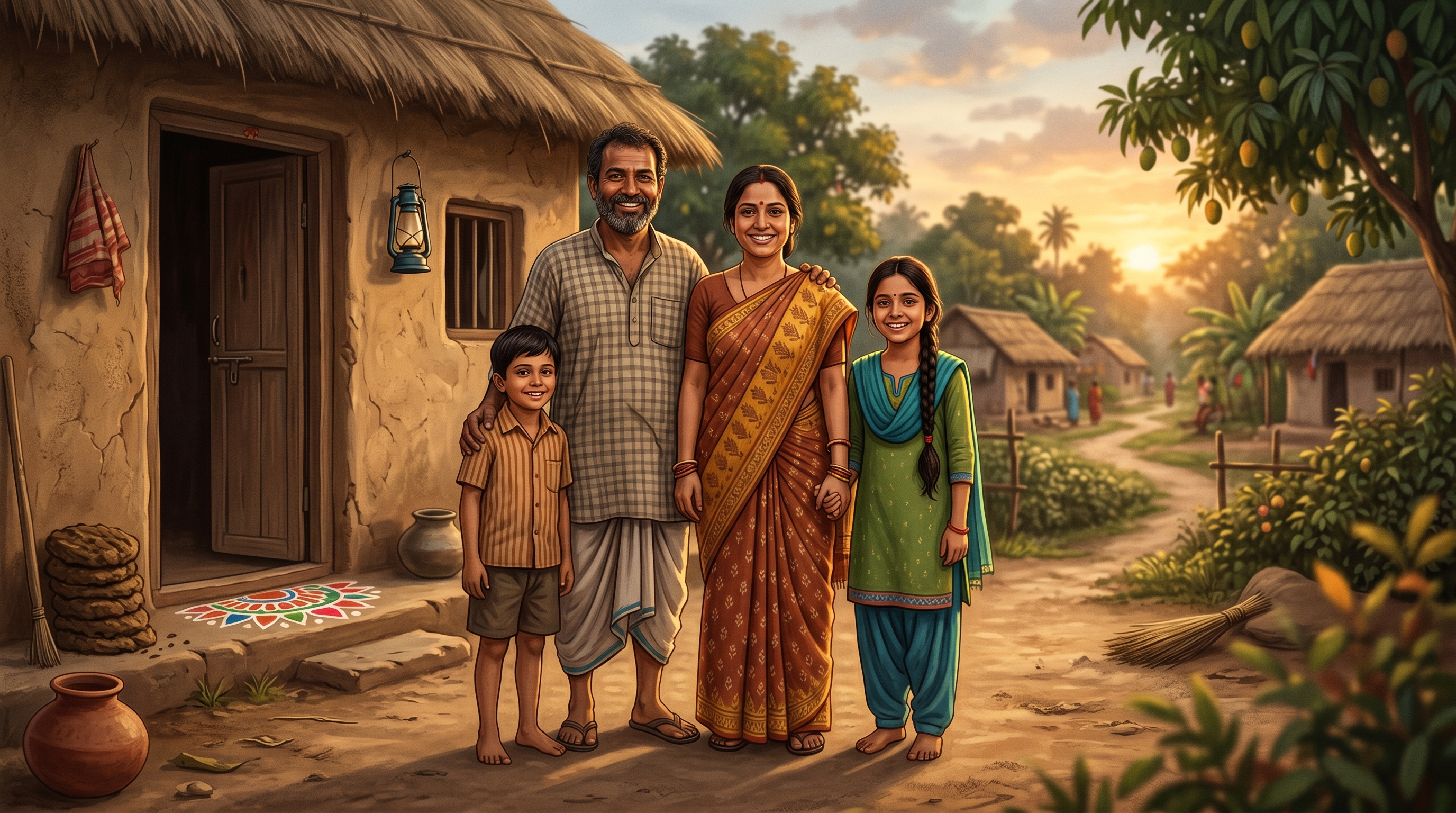 Parents and villagers, semi-realistic group portrait