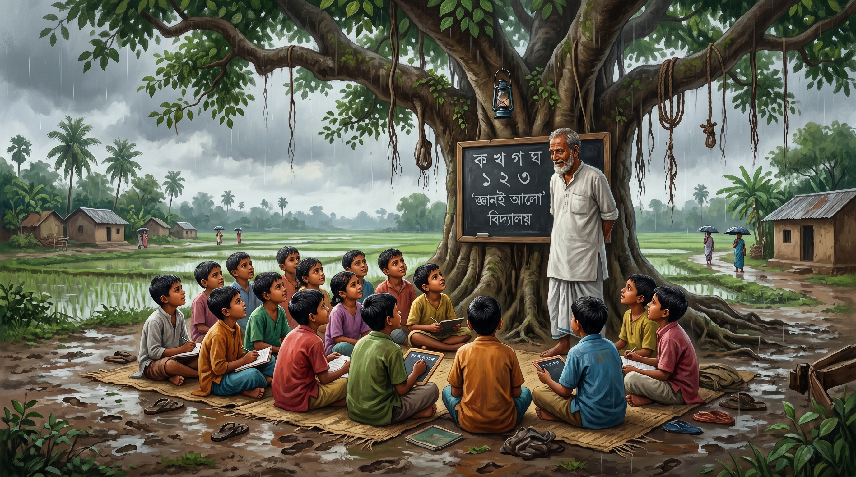 A storybook scene of Mina at the village school